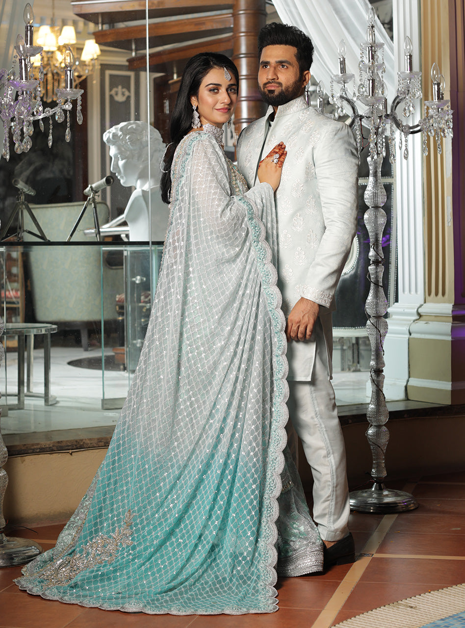 Ice Blue Embroidered Jacquard Waistcoat Kurta Set (3-Piece) - Image 2