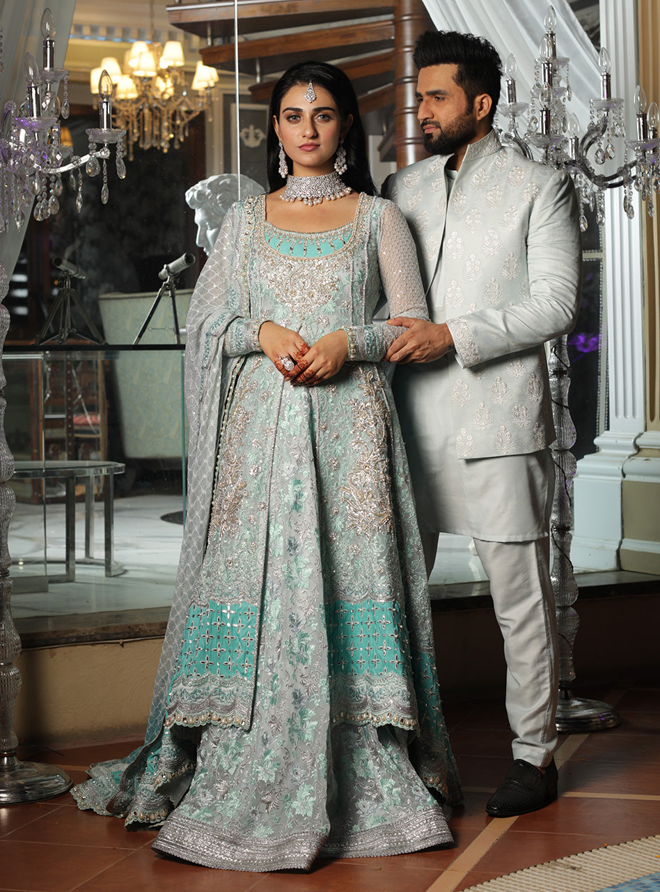 Ice Blue Embroidered Jacquard Waistcoat Kurta Set (3-Piece) - Image 3