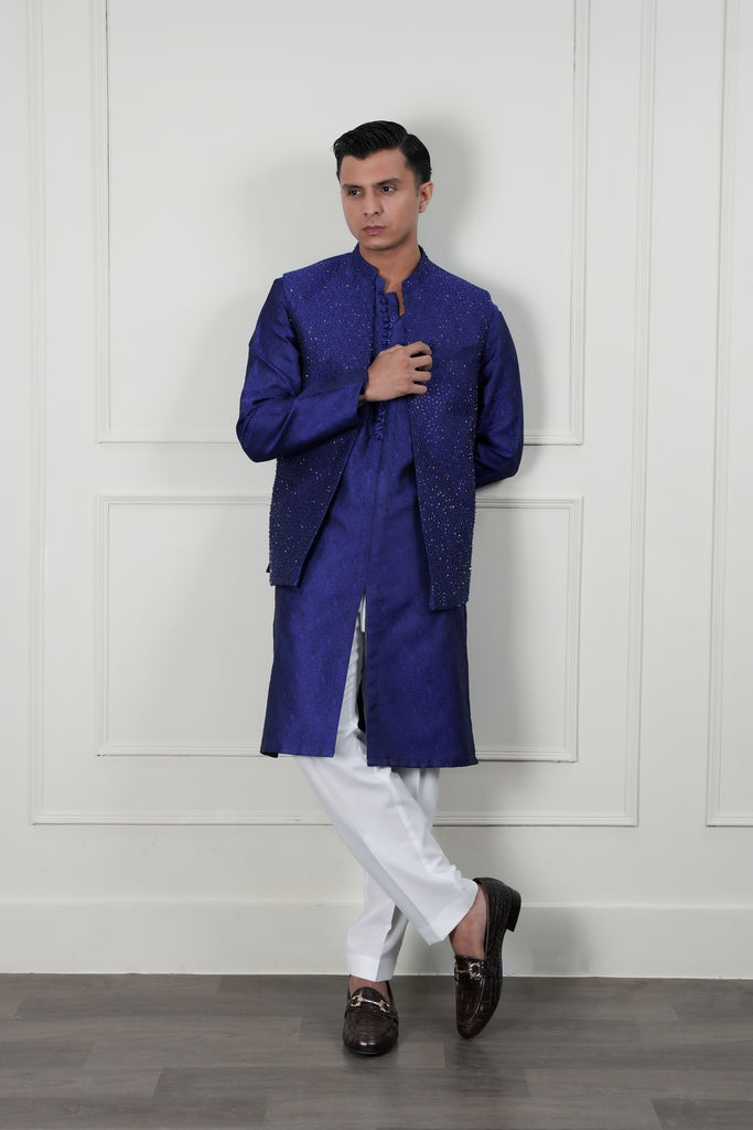 Royal Blue Cutdana Jamawar Waistcoat Kurta (3-Piece) - Image 1