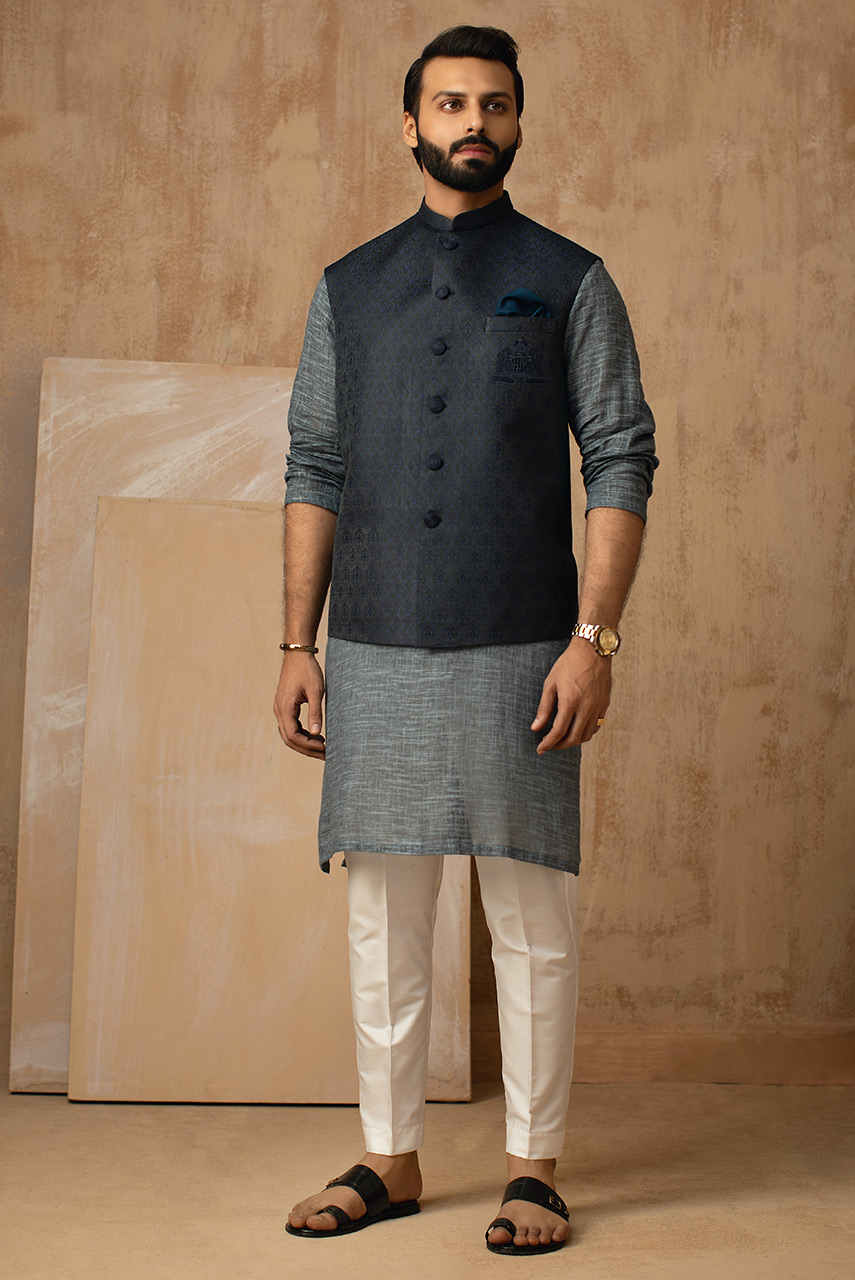 Blue-Black Embroidered Jamawar Silk Waistcoat (3-Piece) - Image 1