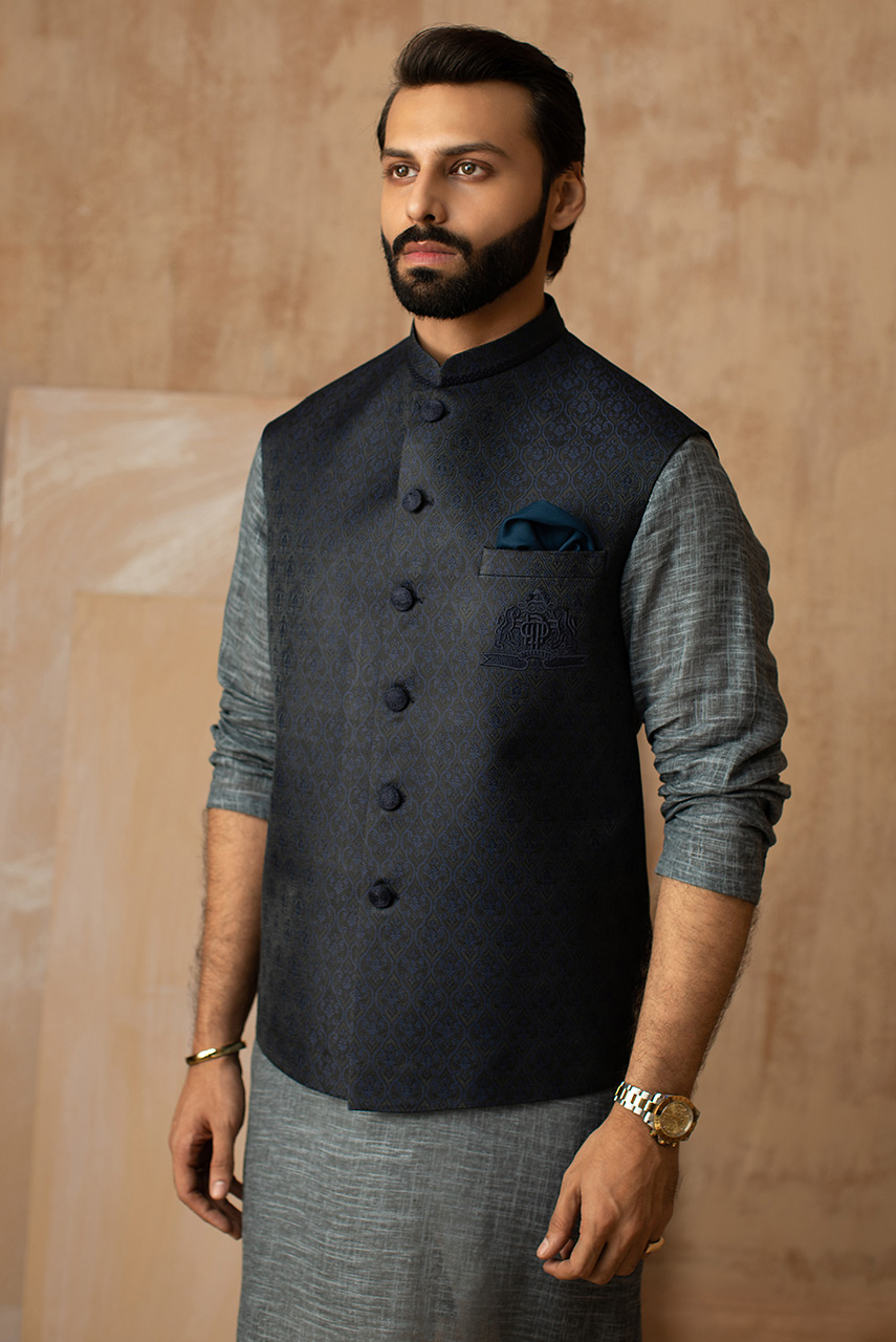 Blue-Black Embroidered Jamawar Silk Waistcoat (3-Piece) - Image 2