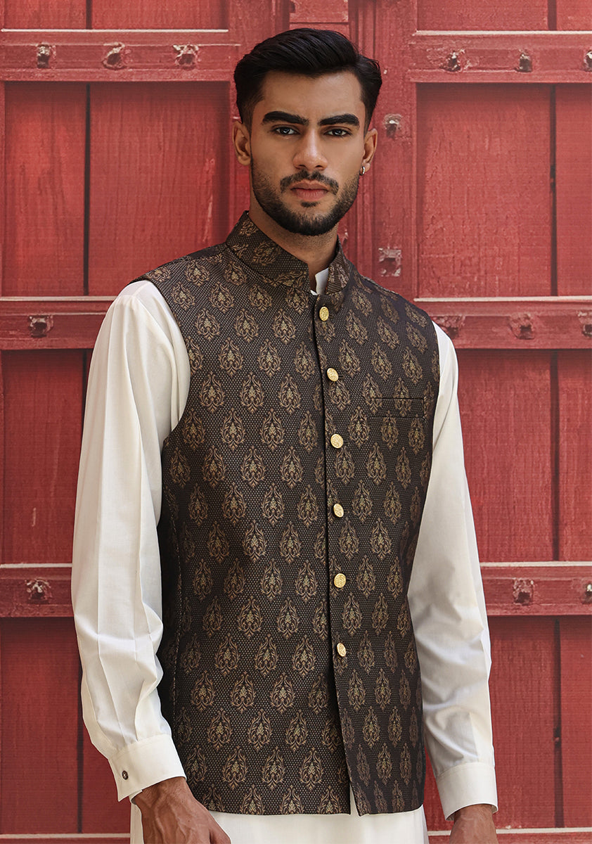 Deep Blue Woven Jamawar Waistcoat (2-Piece) - Image 1