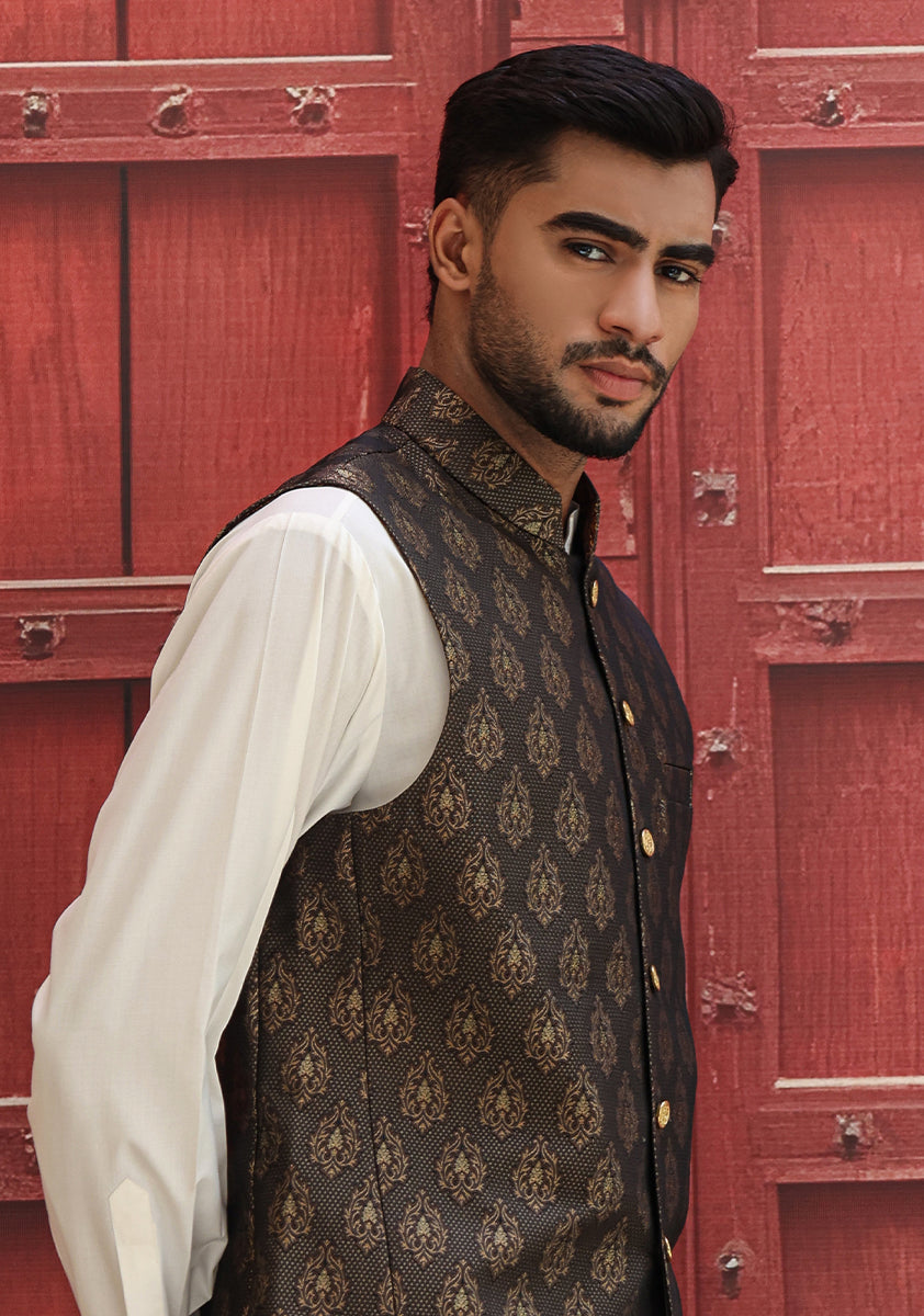 Deep Blue Woven Jamawar Waistcoat (2-Piece) - Image 2