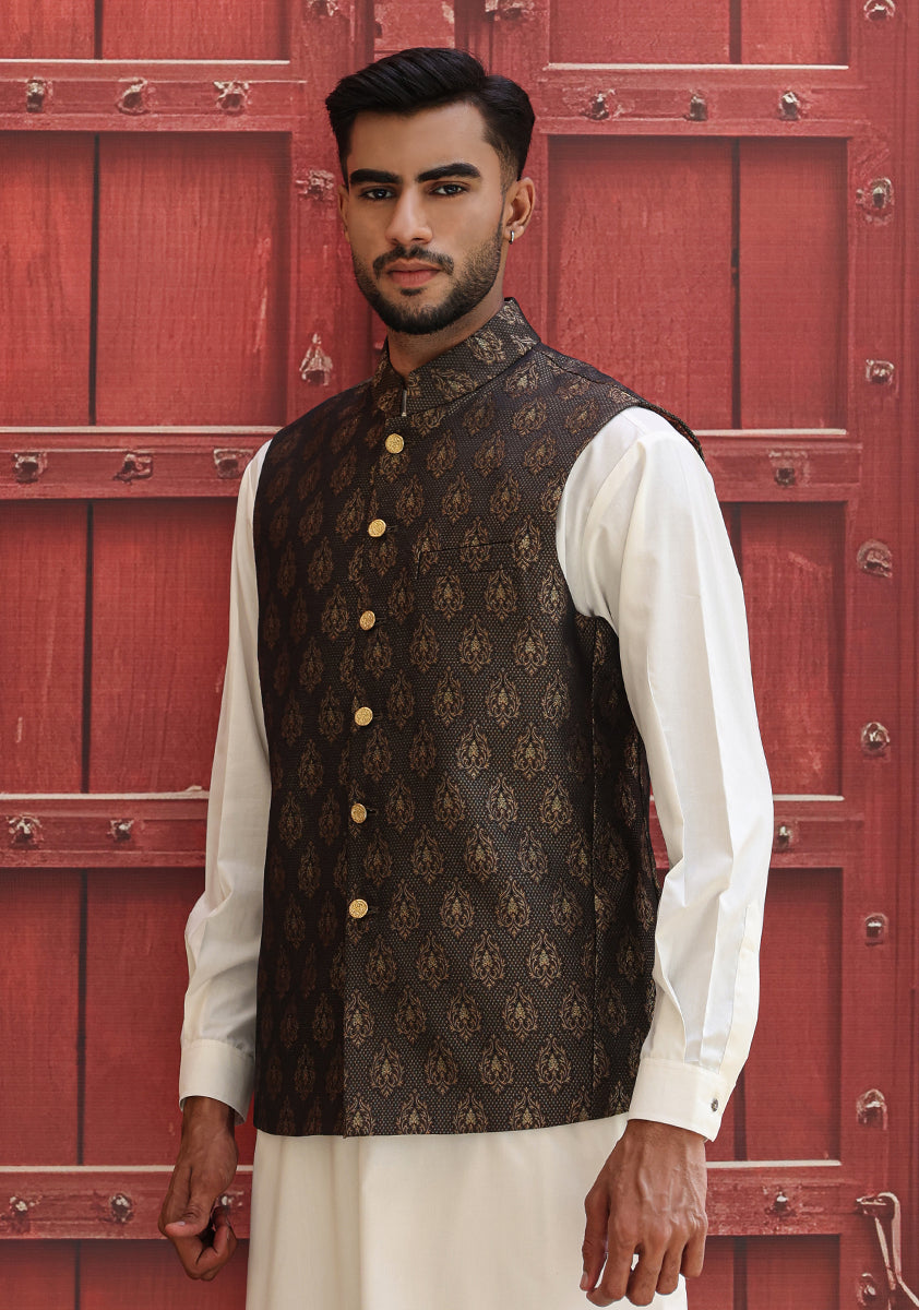 Deep Blue Woven Jamawar Waistcoat (2-Piece) - Image 3