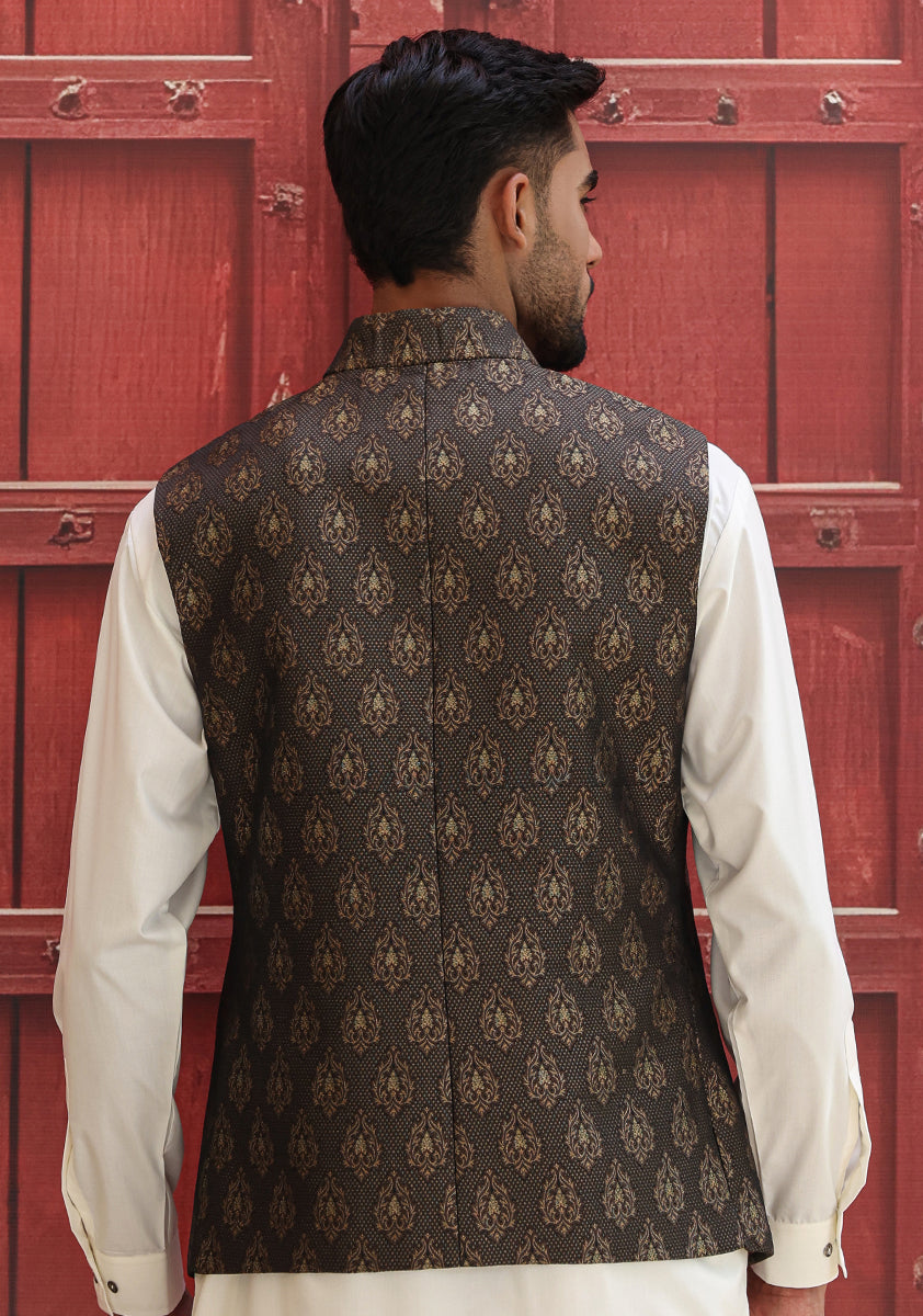 Deep Blue Woven Jamawar Waistcoat (2-Piece) - Image 4