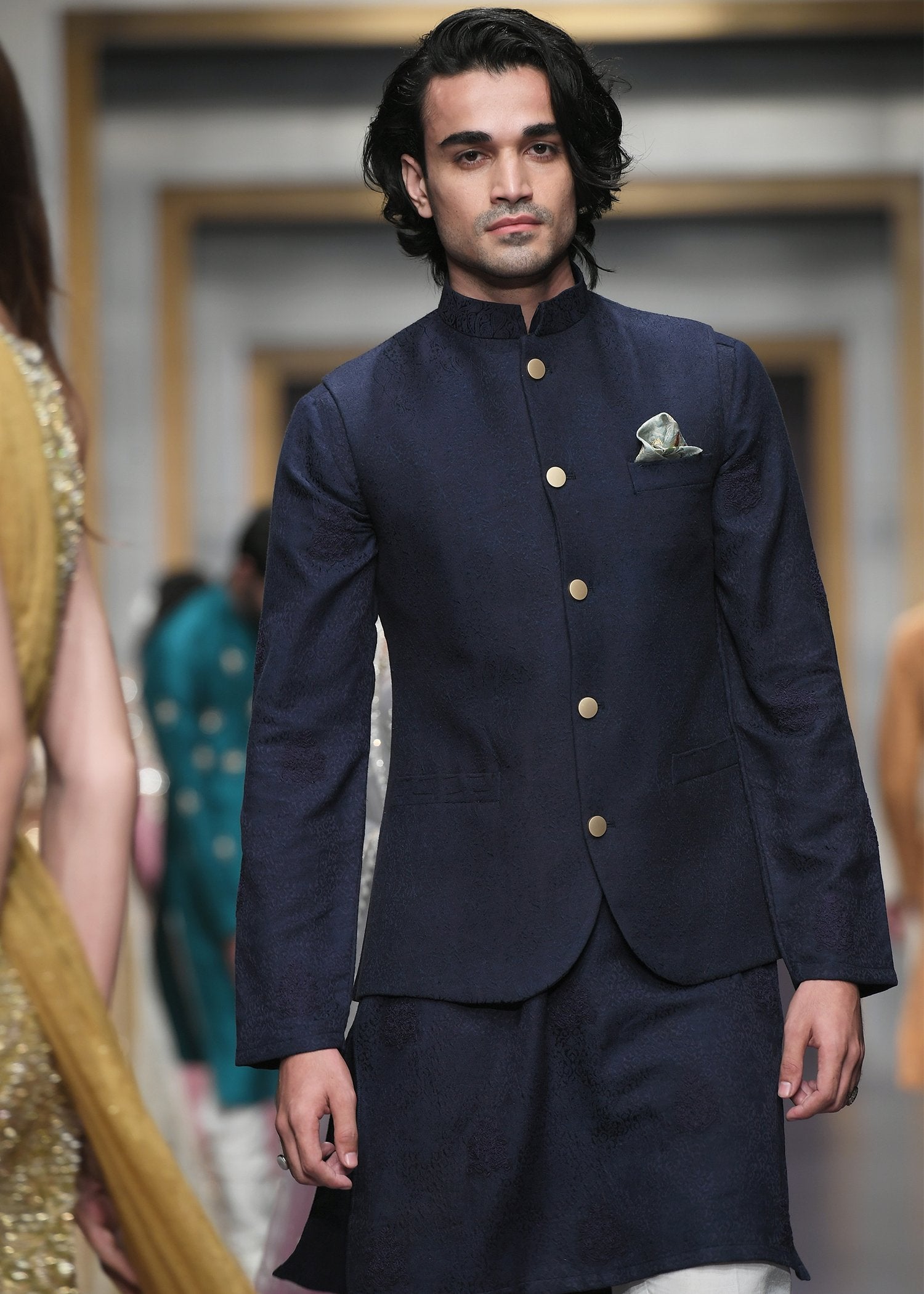 Deep Blue Self Karandi Waistcoat Kurta (3-Piece) - Image 1