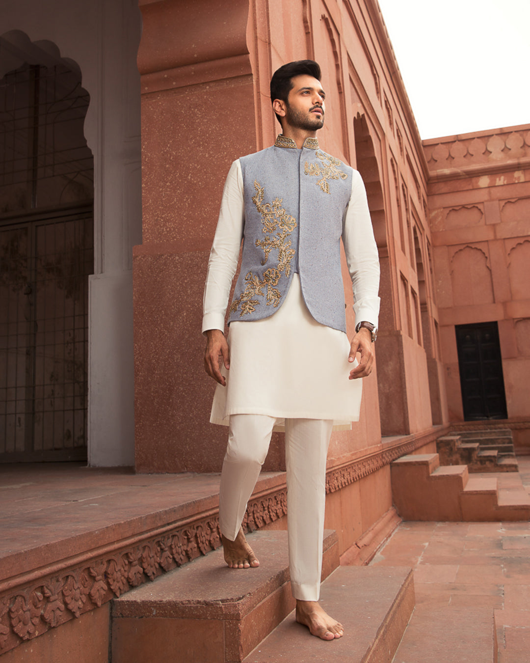 Powder Blue Embroidered Khaddar Waistcoat Kurta (3-Piece) - Image 1