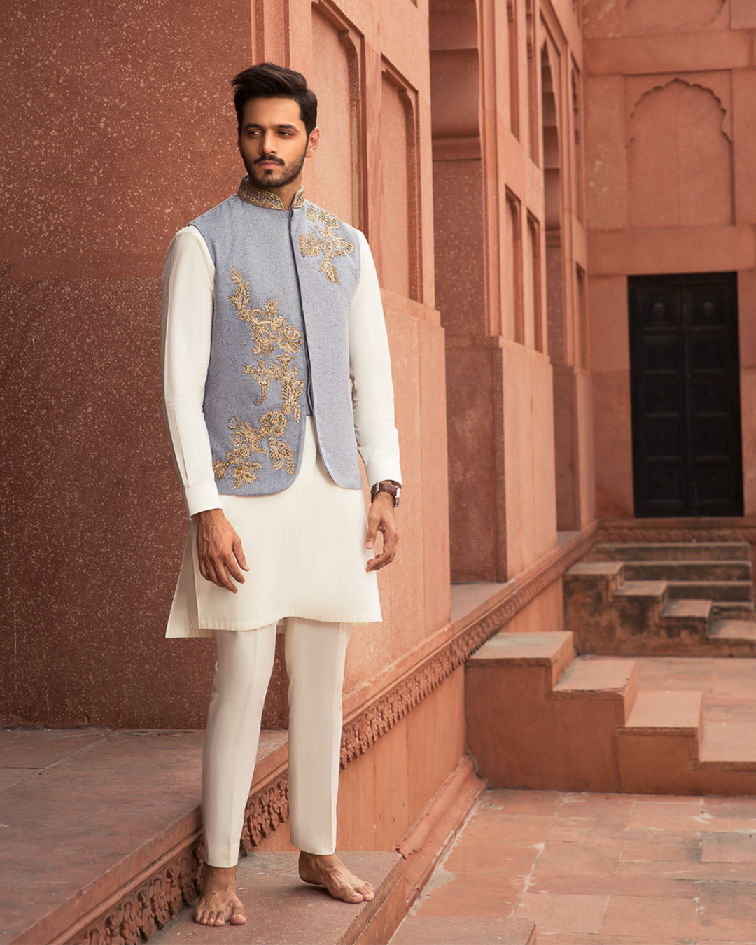 Powder Blue Embroidered Khaddar Waistcoat Kurta (3-Piece) - Image 4
