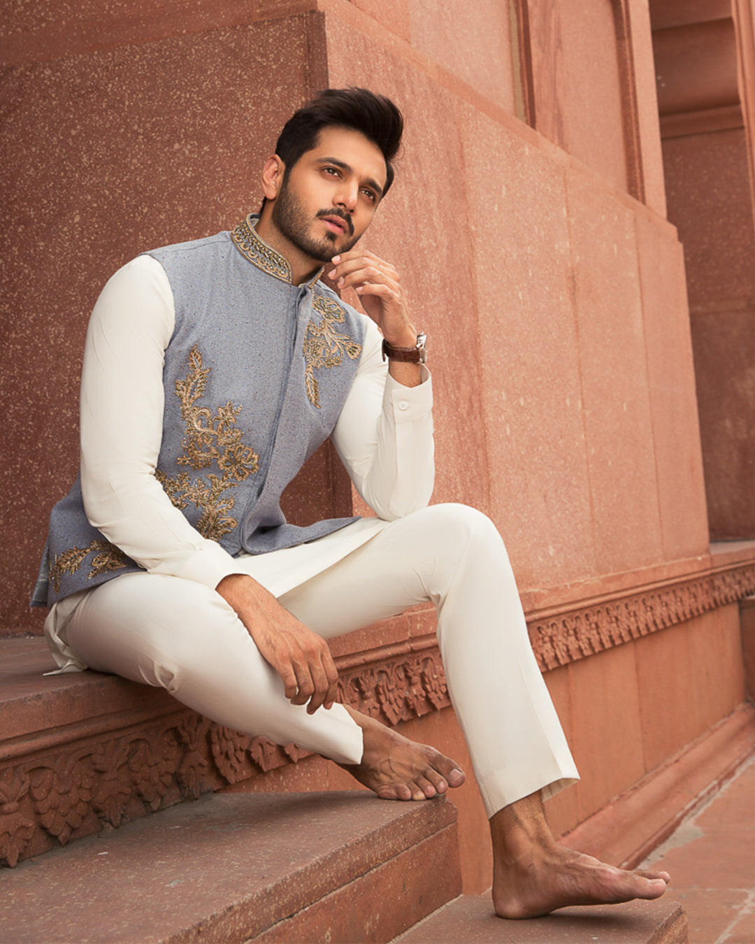 Light Blue Hand-Embroidered Khaddar Waistcoat Kurta (3-Piece) - Image 2