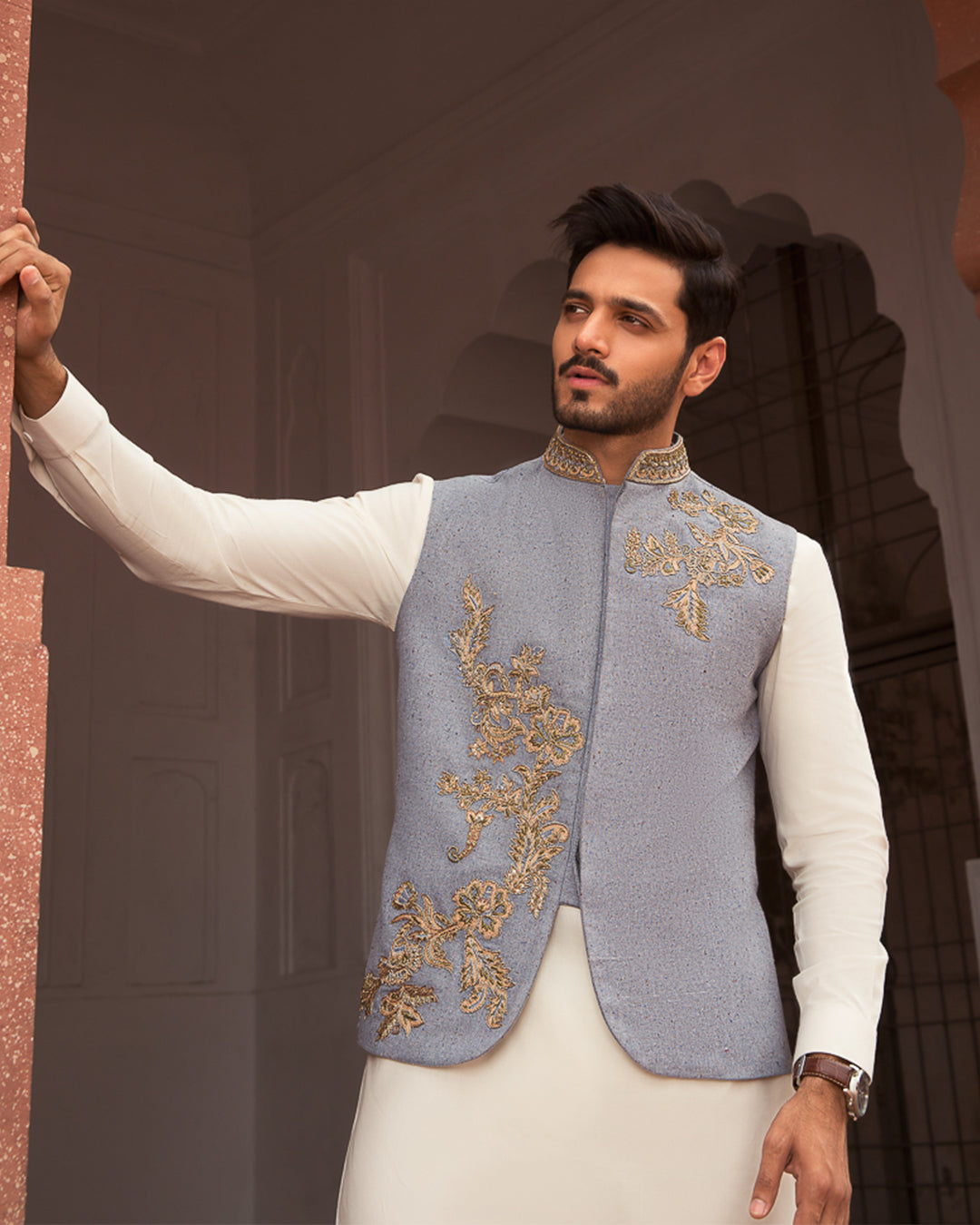 Light Blue Hand-Embroidered Khaddar Waistcoat Kurta (3-Piece) - Image 3