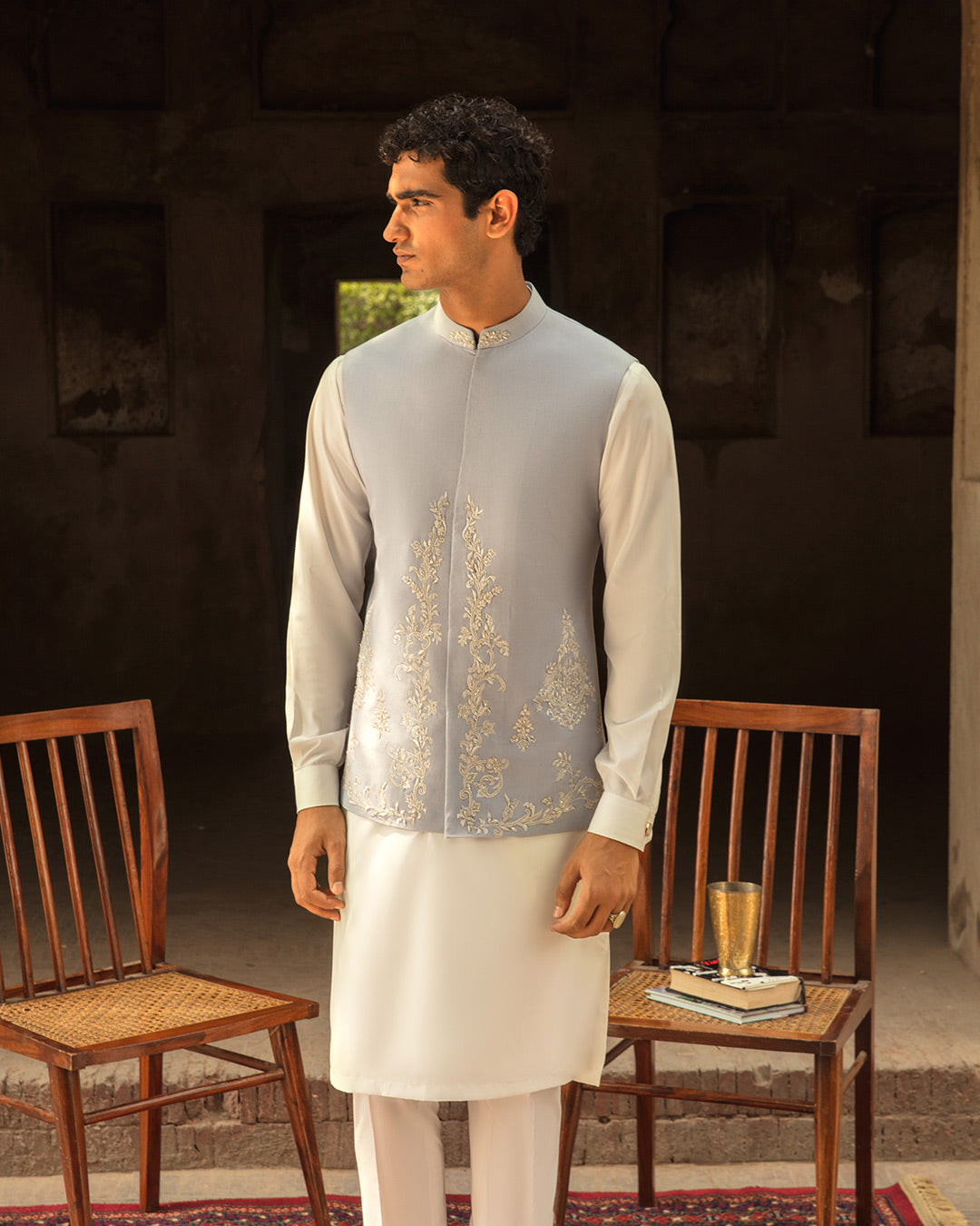 Sky Blue Embroidered Korean Raw Silk Waistcoat (3-Piece) - Image 1