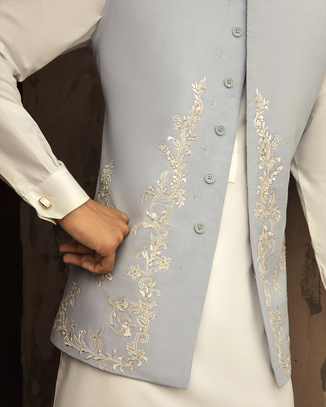 Sky Blue Embroidered Korean Raw Silk Waistcoat (3-Piece) - Image 3
