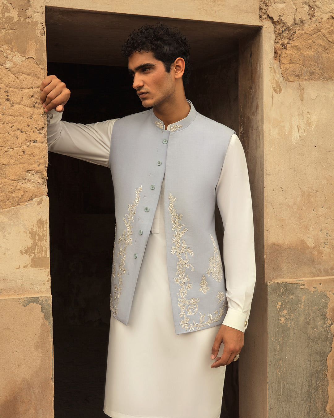 Sky Blue Embroidered Korean Raw Silk Waistcoat (3-Piece) - Image 6