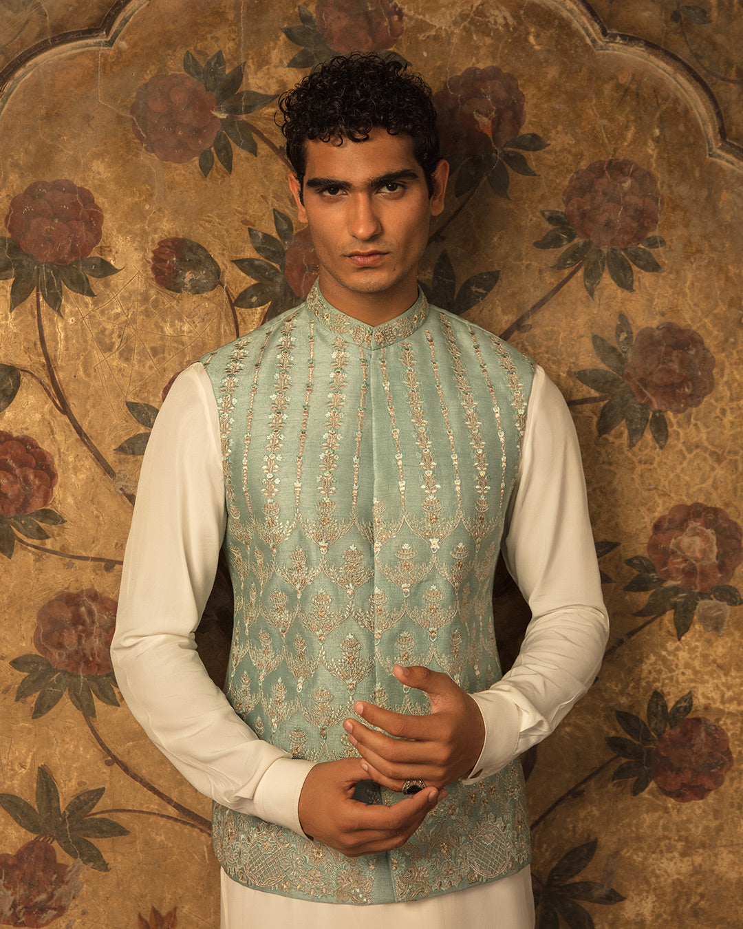 Ice Blue Embroidered Korean Raw Silk Waistcoat Kurta (3-Piece) - Image 1