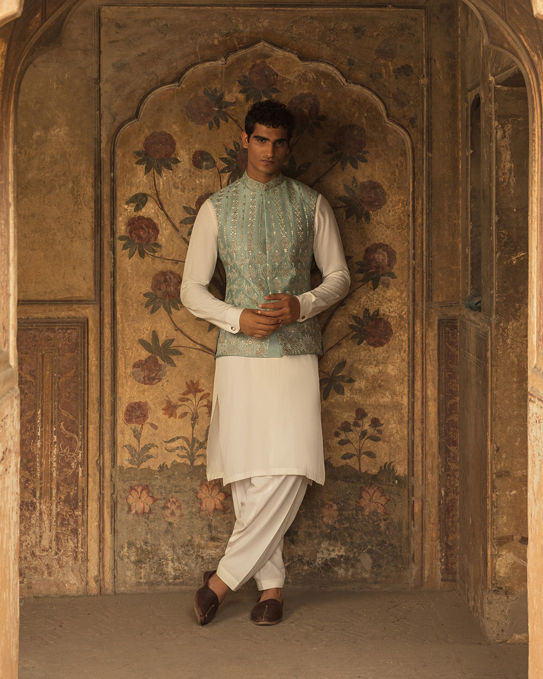 Ice Blue Embroidered Korean Raw Silk Waistcoat Kurta (3-Piece) - Image 2