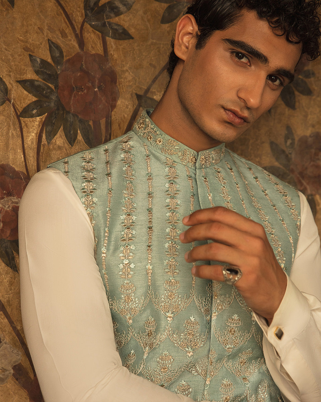 Ice Blue Embroidered Korean Raw Silk Waistcoat Kurta (3-Piece) - Image 3