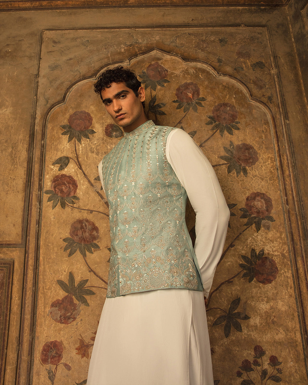 Ice Blue Embroidered Korean Raw Silk Waistcoat Kurta (3-Piece) - Image 4