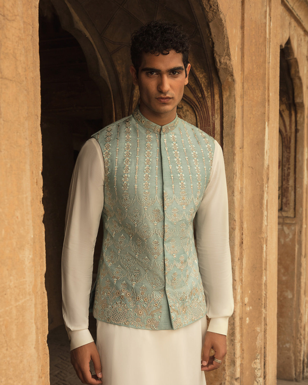 Ice Blue Embroidered Korean Raw Silk Waistcoat Kurta (3-Piece) - Image 5