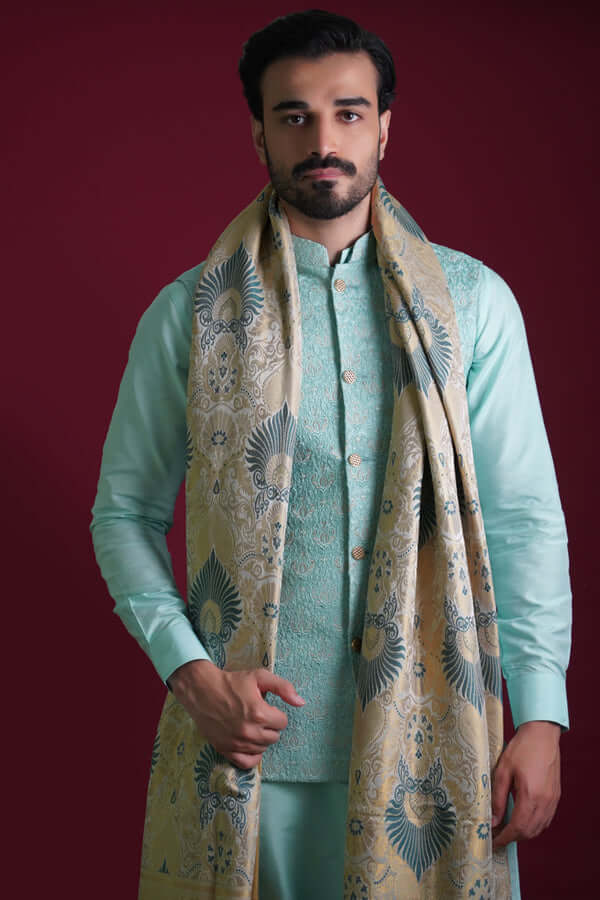 Powder Blue Embroidered Linen Waistcoat Kurta Set (4-Piece) - Image 1