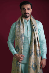 Powder Blue Embroidered Linen Waistcoat Kurta Set (4-Piece) - Image 2