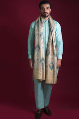 Powder Blue Embroidered Linen Waistcoat Kurta Set (4-Piece) - Image 3