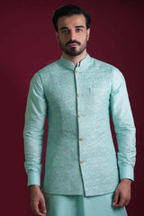 Powder Blue Embroidered Linen Waistcoat Kurta Set (4-Piece) - Image 4