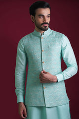 Powder Blue Embroidered Linen Waistcoat Kurta Set (4-Piece) - Image 6