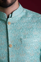 Powder Blue Embroidered Linen Waistcoat Kurta Set (4-Piece) - Image 7