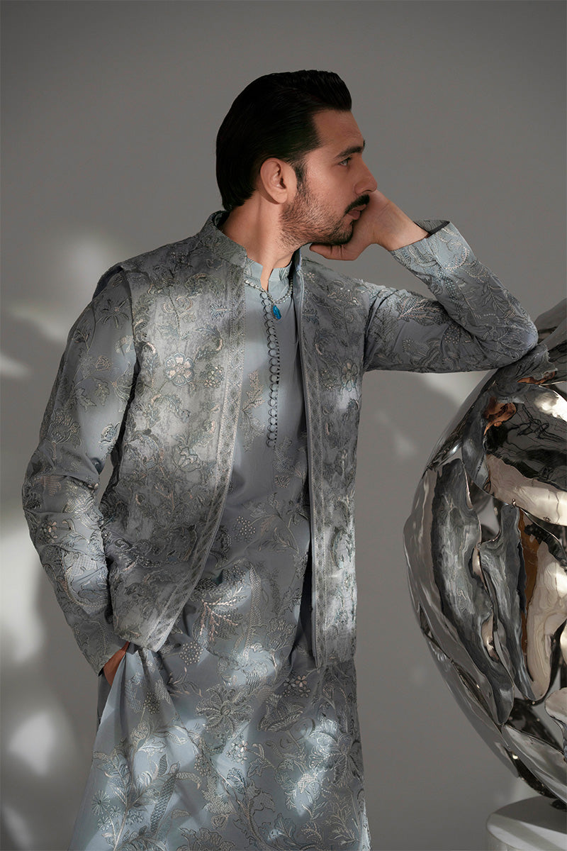 Ice Blue Embroidered Organza Waistcoat Kurta (3-Piece) - Image 1