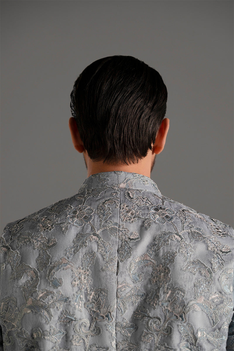 Ice Blue Embroidered Organza Waistcoat Kurta (3-Piece) - Image 10