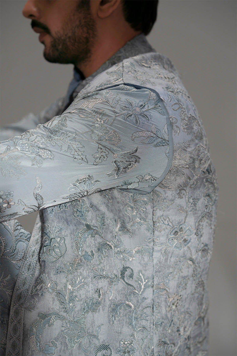 Ice Blue Embroidered Organza Waistcoat Kurta (3-Piece) - Image 11