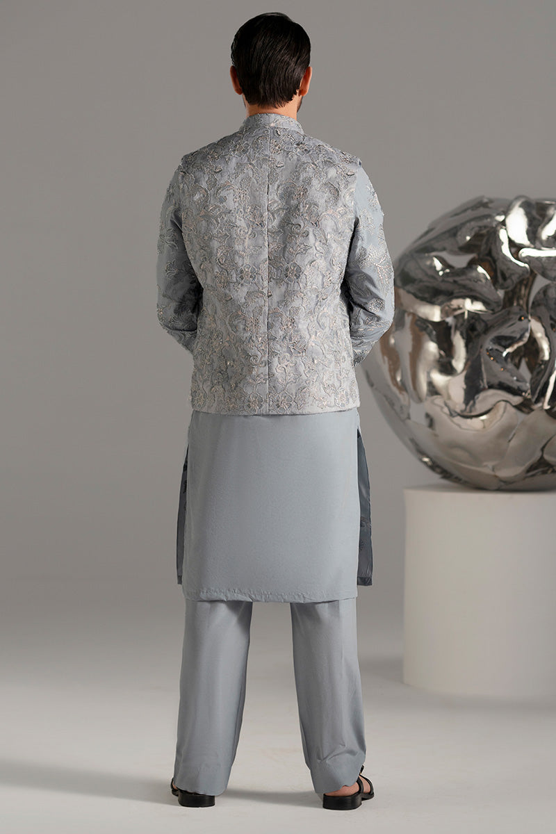 Ice Blue Embroidered Organza Waistcoat Kurta (3-Piece) - Image 12