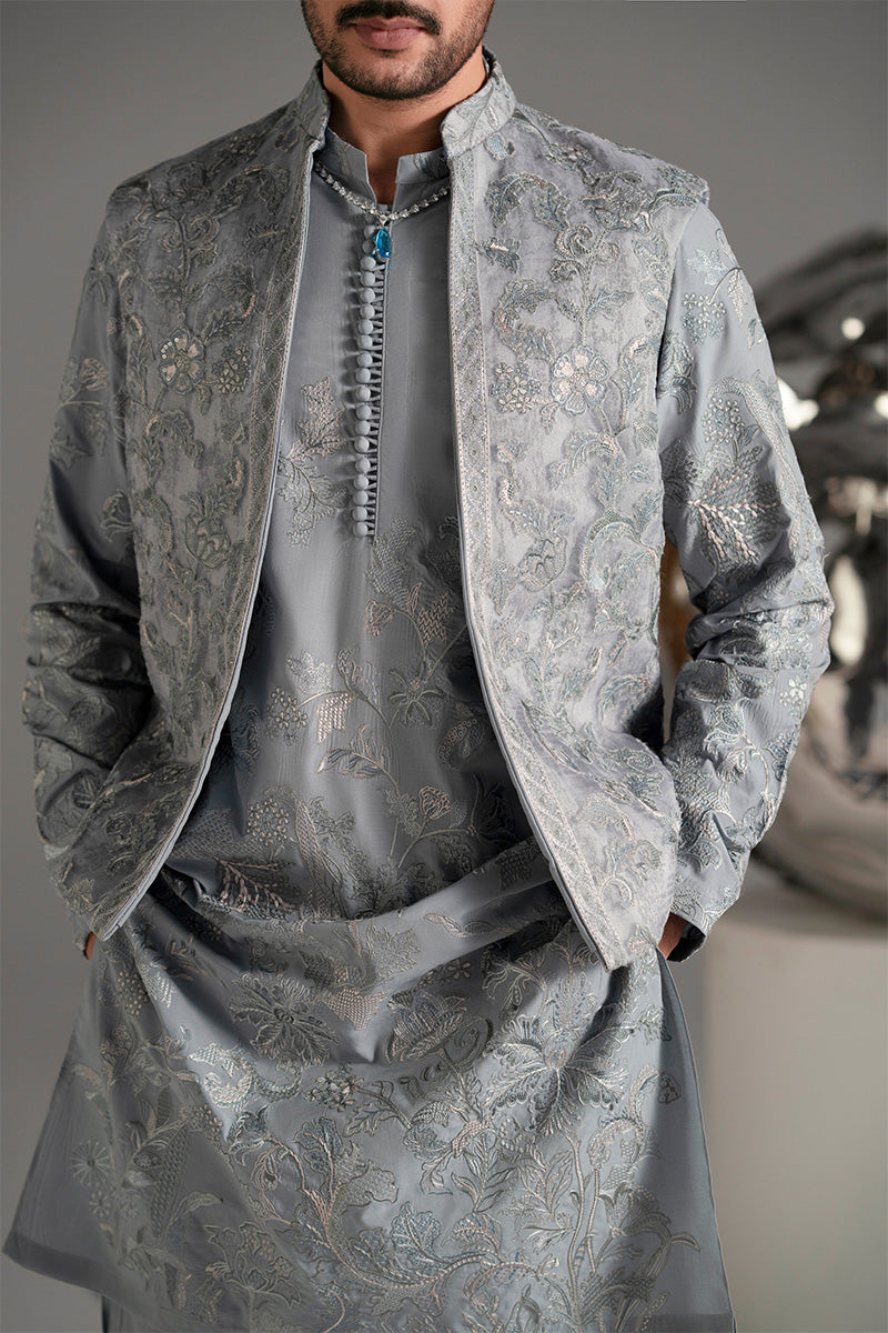 Ice Blue Embroidered Organza Waistcoat Kurta (3-Piece) - Image 13