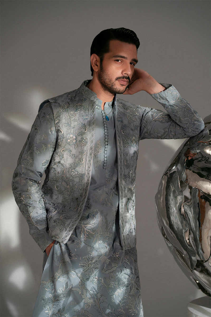 Ice Blue Embroidered Organza Waistcoat Kurta (3-Piece) - Image 14