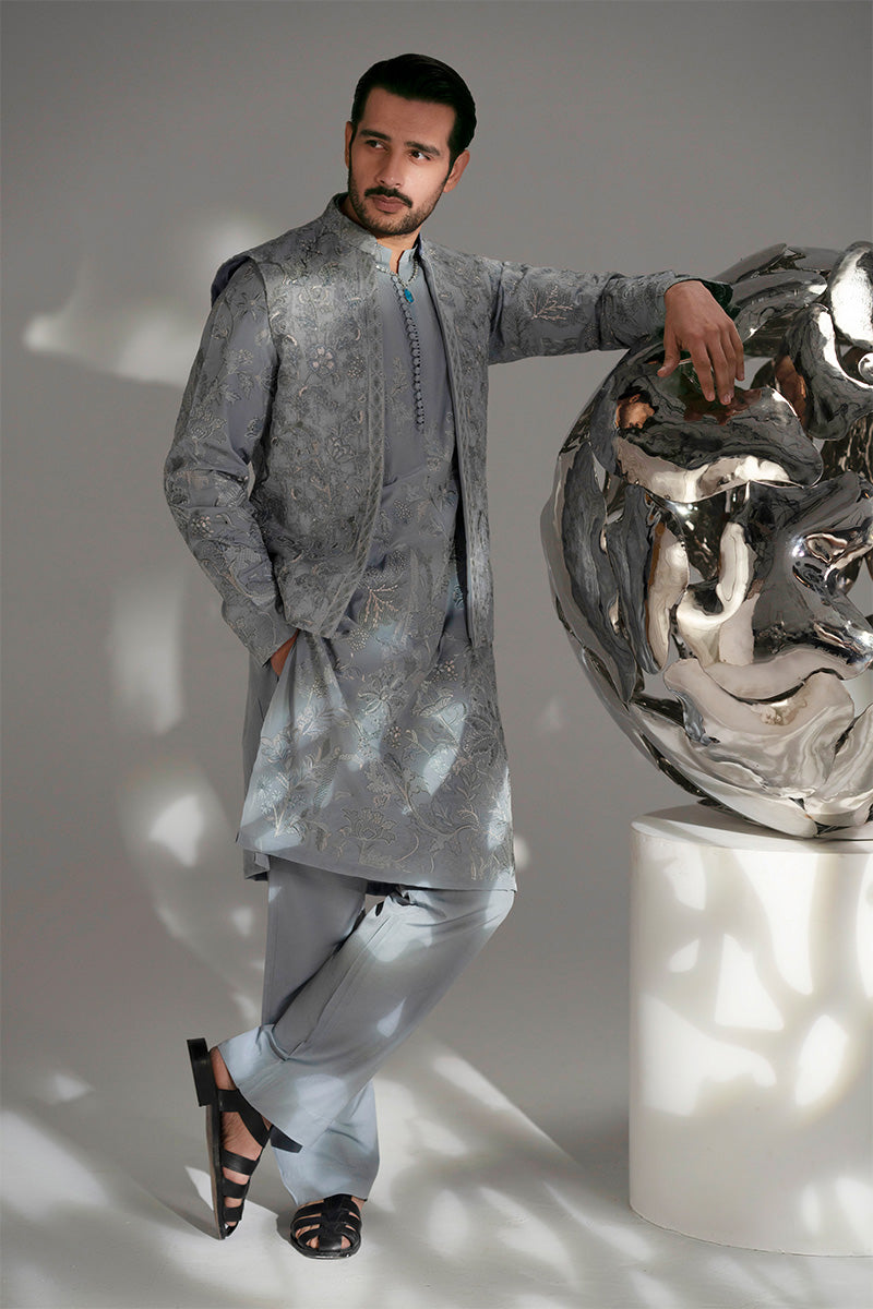 Ice Blue Embroidered Organza Waistcoat Kurta (3-Piece) - Image 15