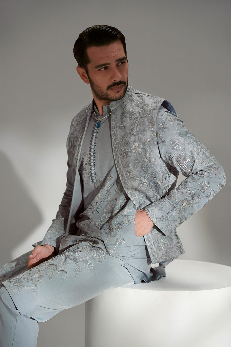 Ice Blue Embroidered Organza Waistcoat Kurta (3-Piece) - Image 16