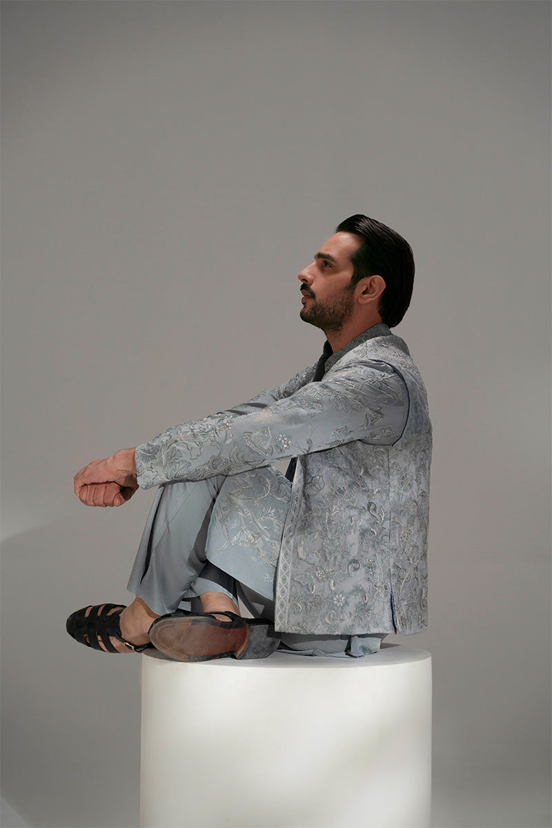 Ice Blue Embroidered Organza Waistcoat Kurta (3-Piece) - Image 17