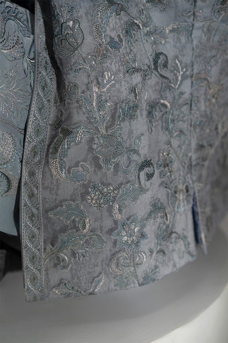 Ice Blue Embroidered Organza Waistcoat Kurta (3-Piece) - Image 18