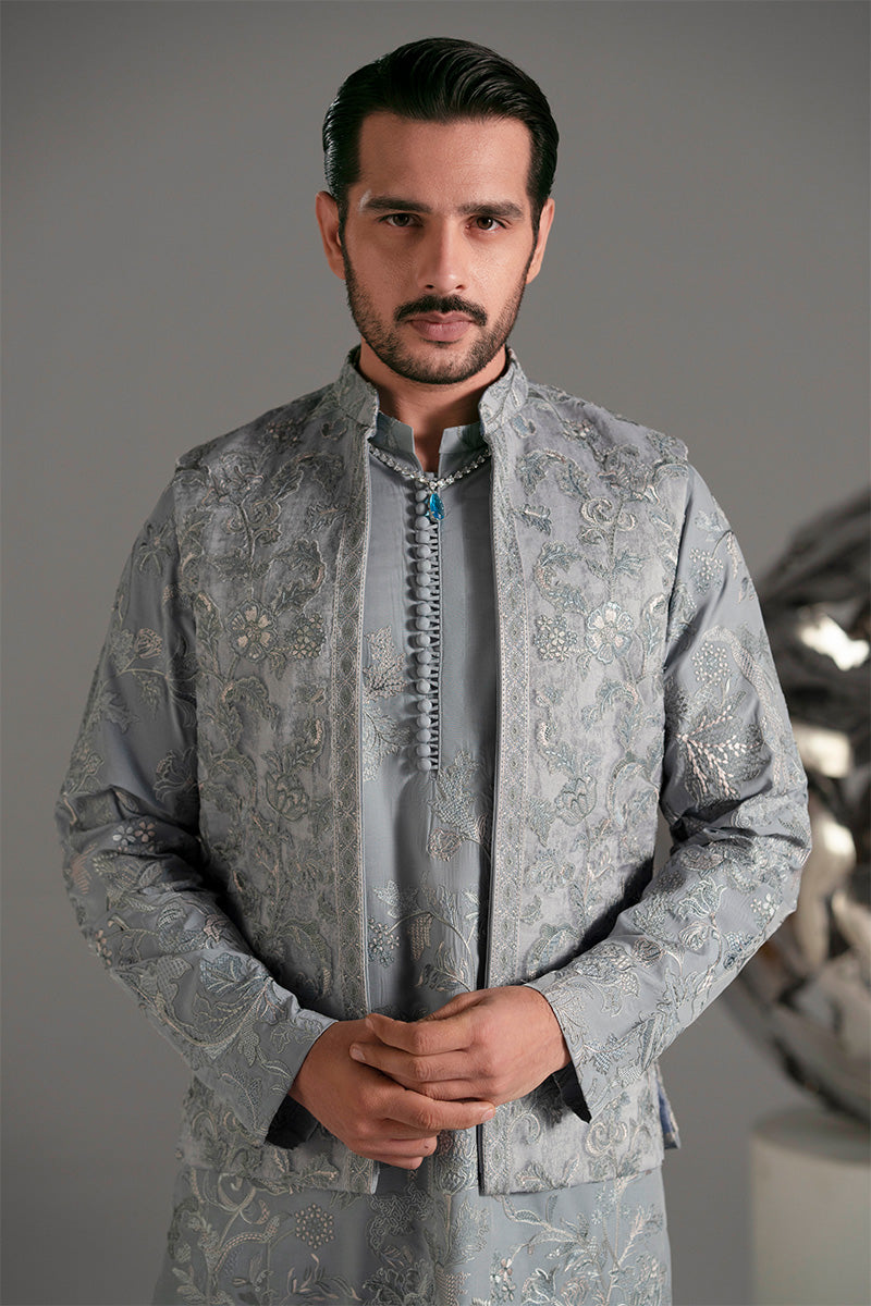 Ice Blue Embroidered Organza Waistcoat Kurta (3-Piece) - Image 2