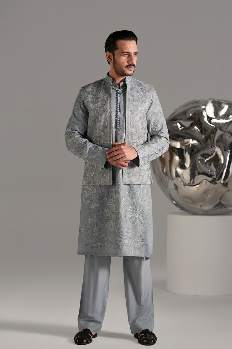 Ice Blue Embroidered Organza Waistcoat Kurta (3-Piece) - Image 20