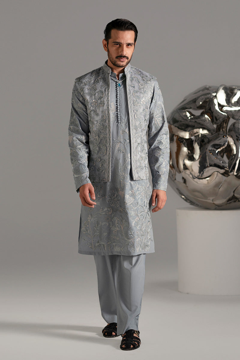 Ice Blue Embroidered Organza Waistcoat Kurta (3-Piece) - Image 21