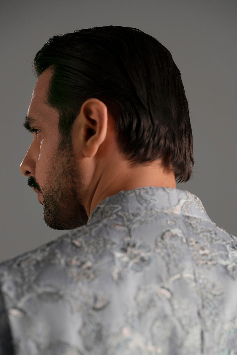 Ice Blue Embroidered Organza Waistcoat Kurta (3-Piece) - Image 22