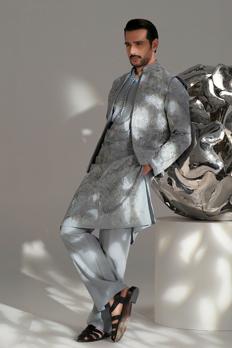 Ice Blue Embroidered Organza Waistcoat Kurta (3-Piece) - Image 3