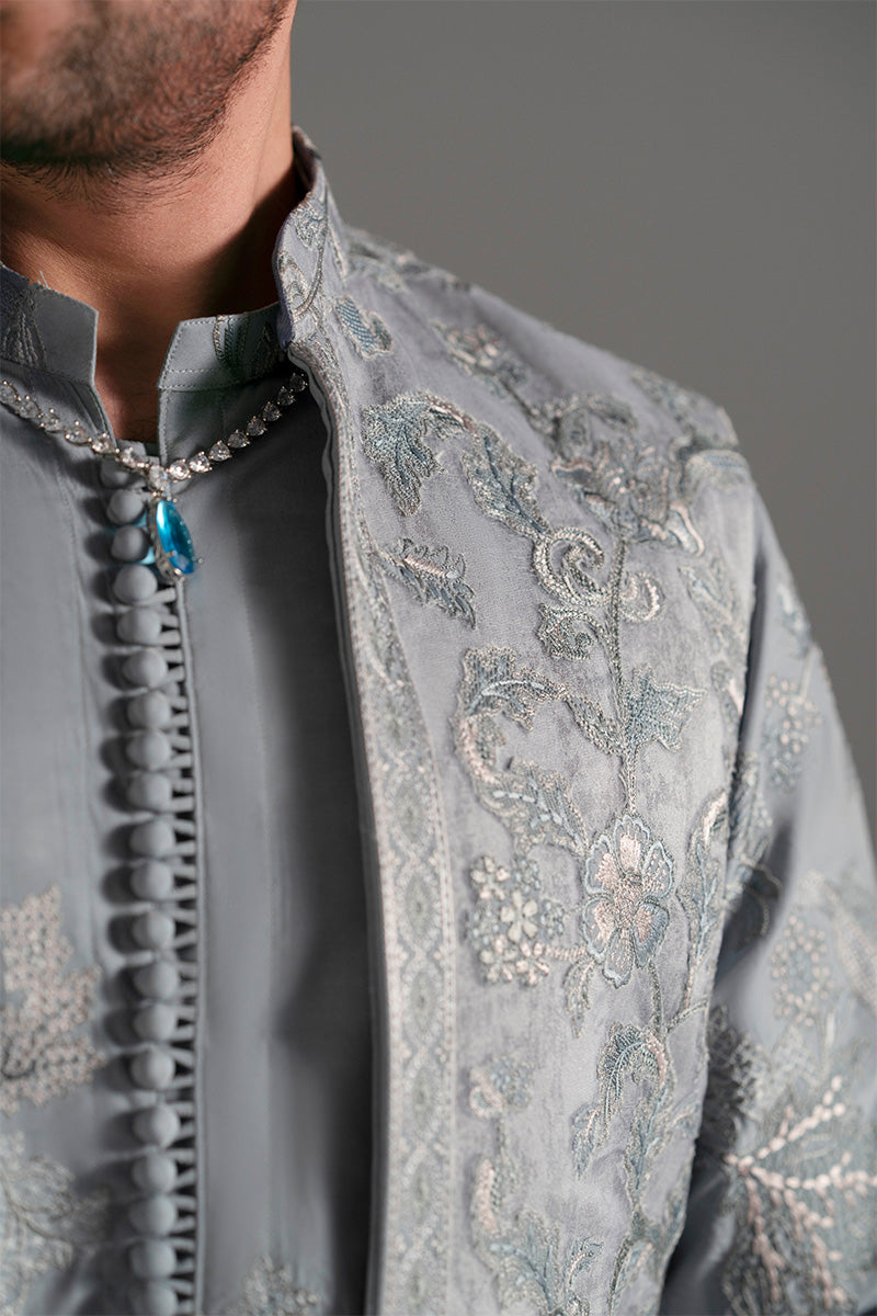 Ice Blue Embroidered Organza Waistcoat Kurta (3-Piece) - Image 4