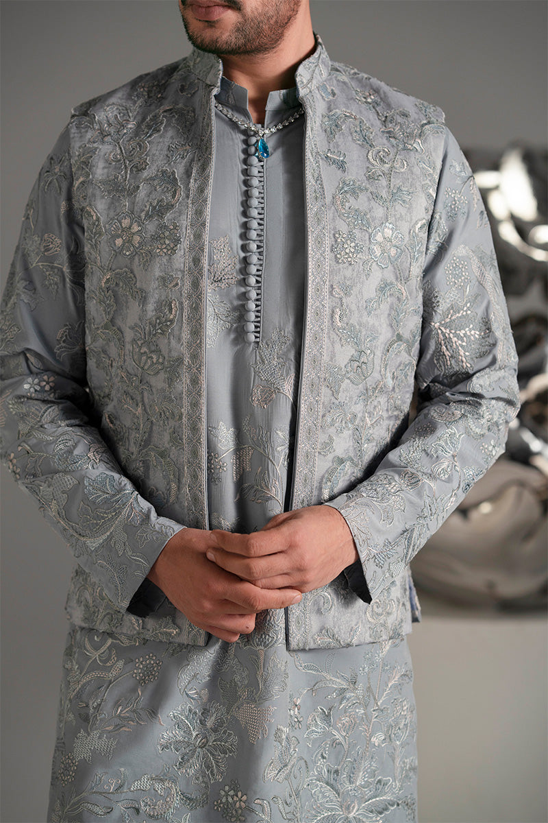 Ice Blue Embroidered Organza Waistcoat Kurta (3-Piece) - Image 5