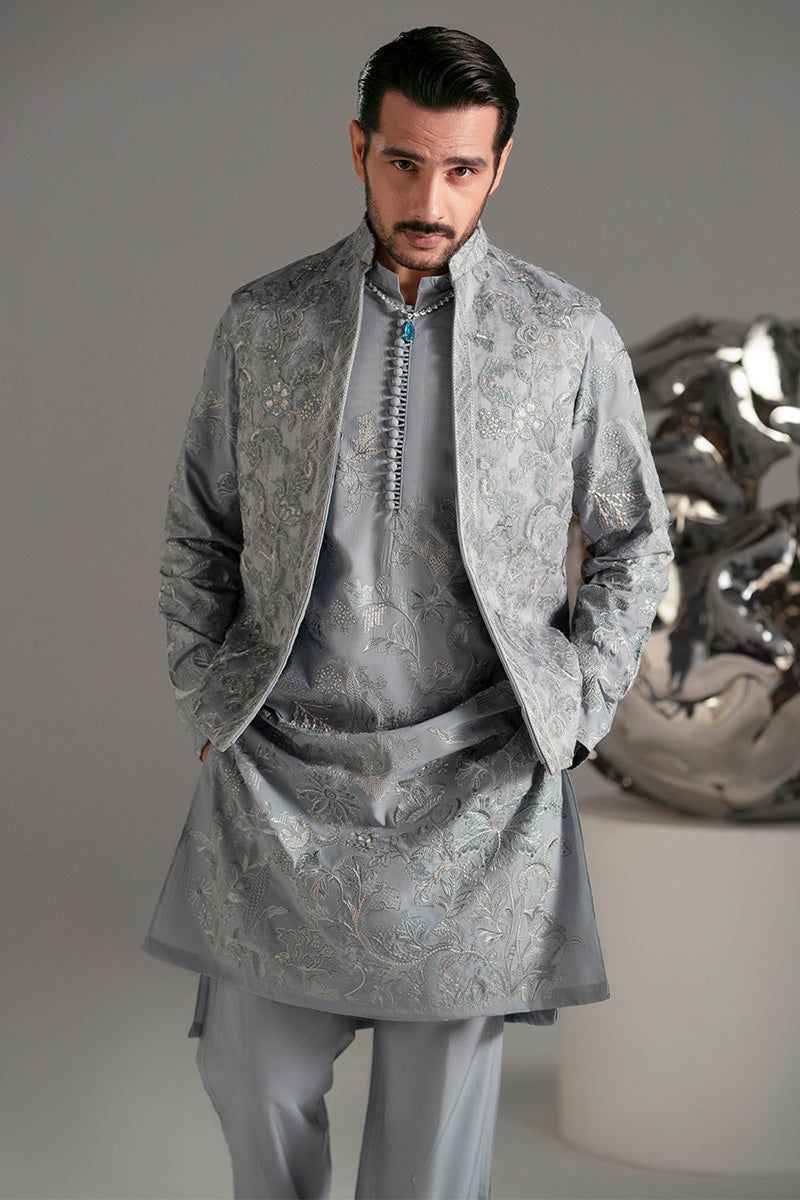 Ice Blue Embroidered Organza Waistcoat Kurta (3-Piece) - Image 6