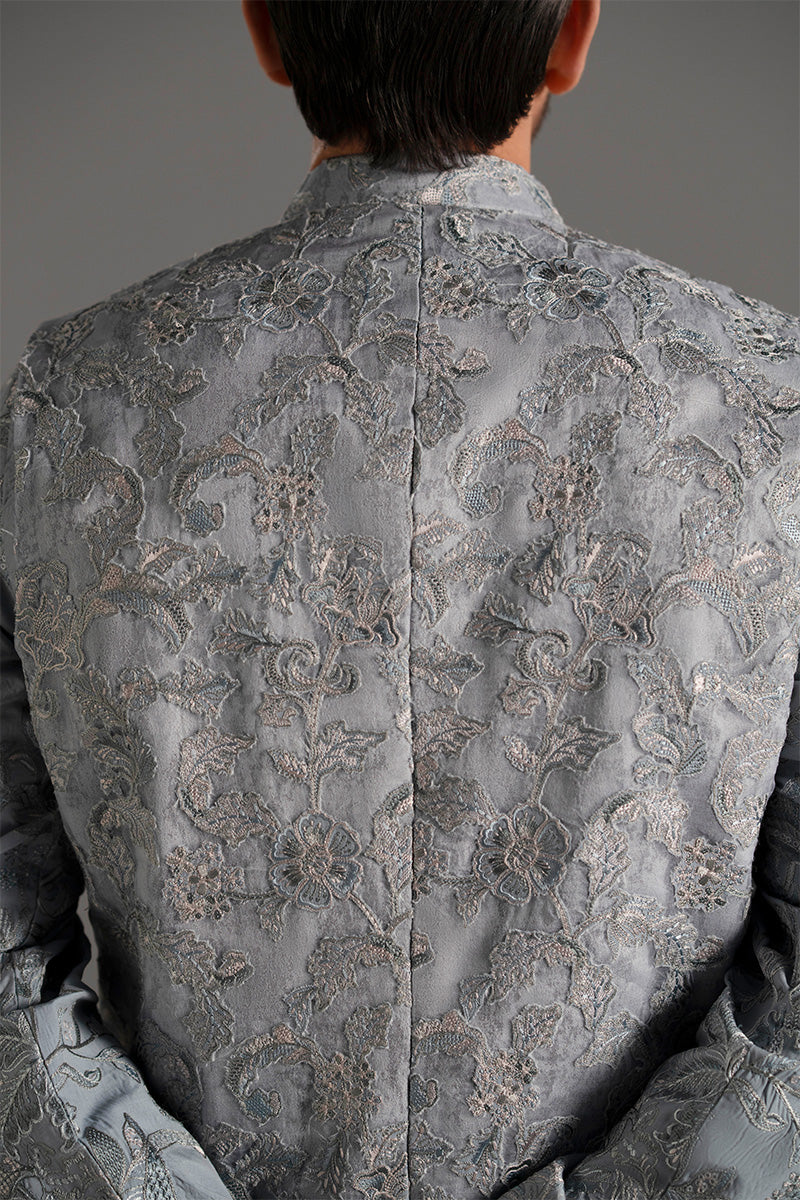 Ice Blue Embroidered Organza Waistcoat Kurta (3-Piece) - Image 7