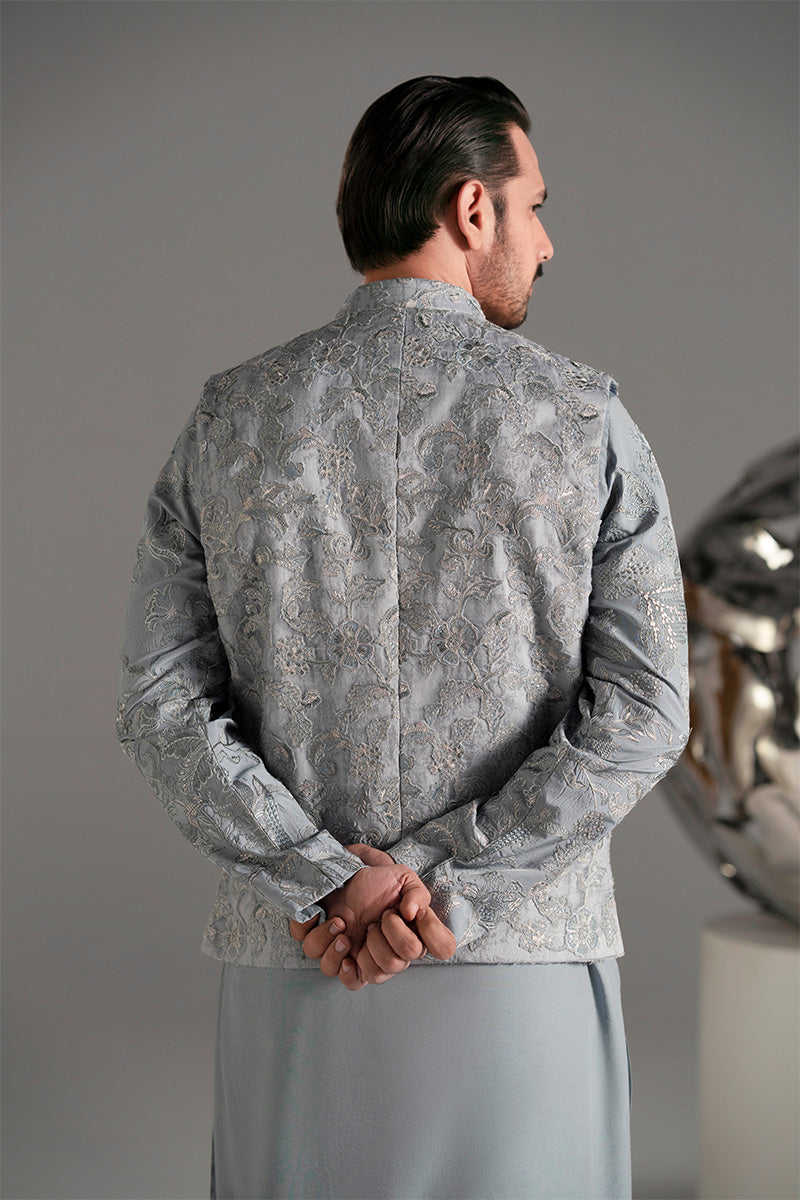 Ice Blue Embroidered Organza Waistcoat Kurta (3-Piece) - Image 8