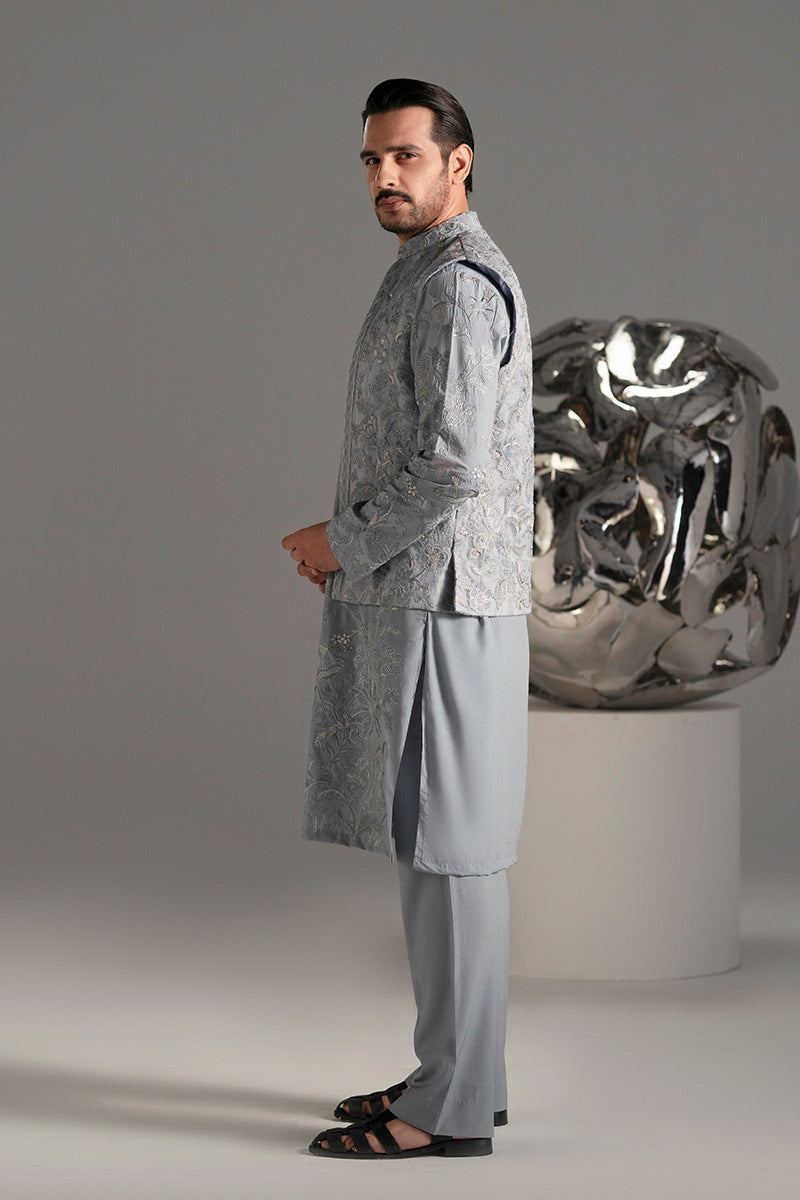 Ice Blue Embroidered Organza Waistcoat Kurta (3-Piece) - Image 9