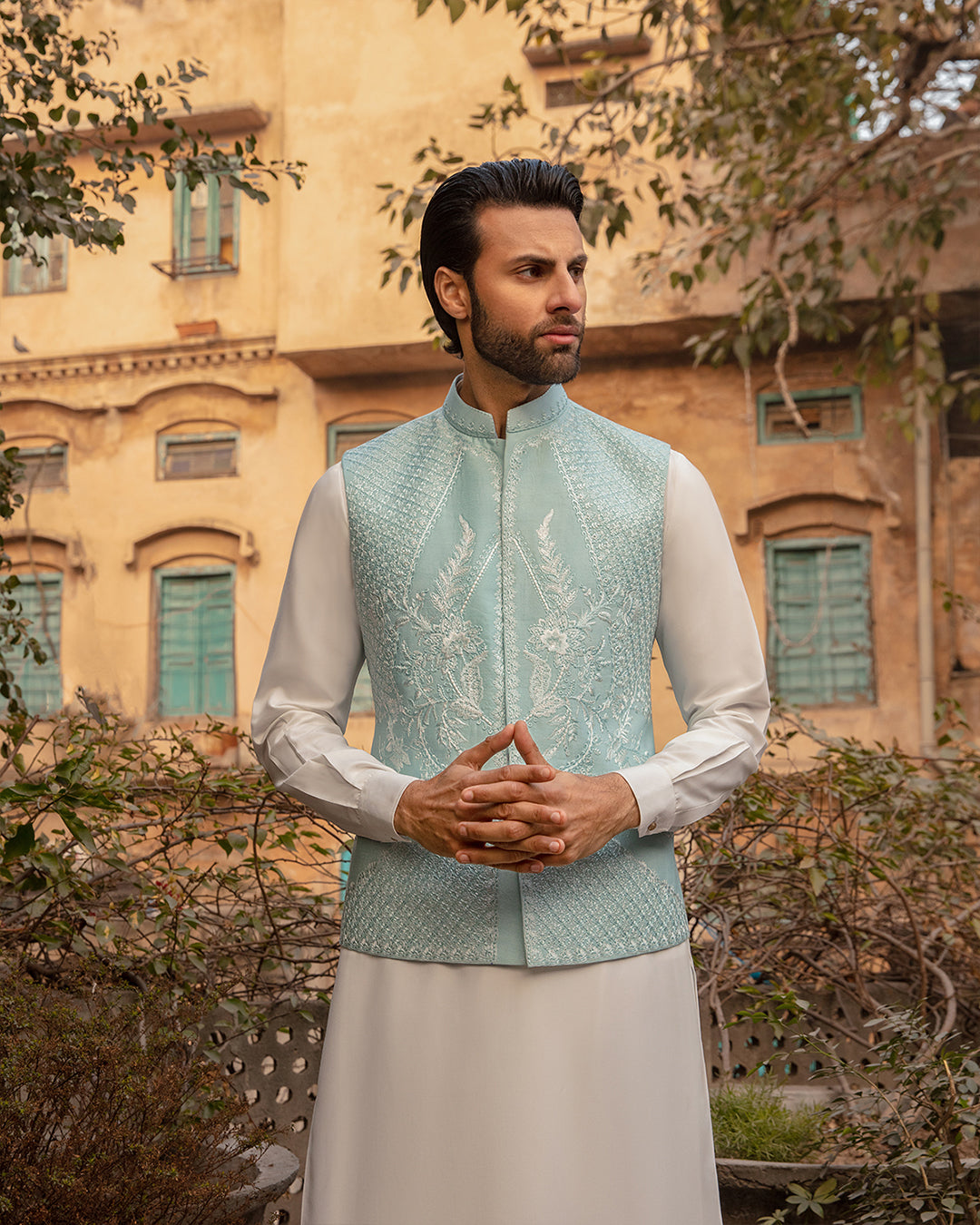 Ice Blue Resham Embroidered Paper Silk Waistcoat (3-Piece) - Image 2